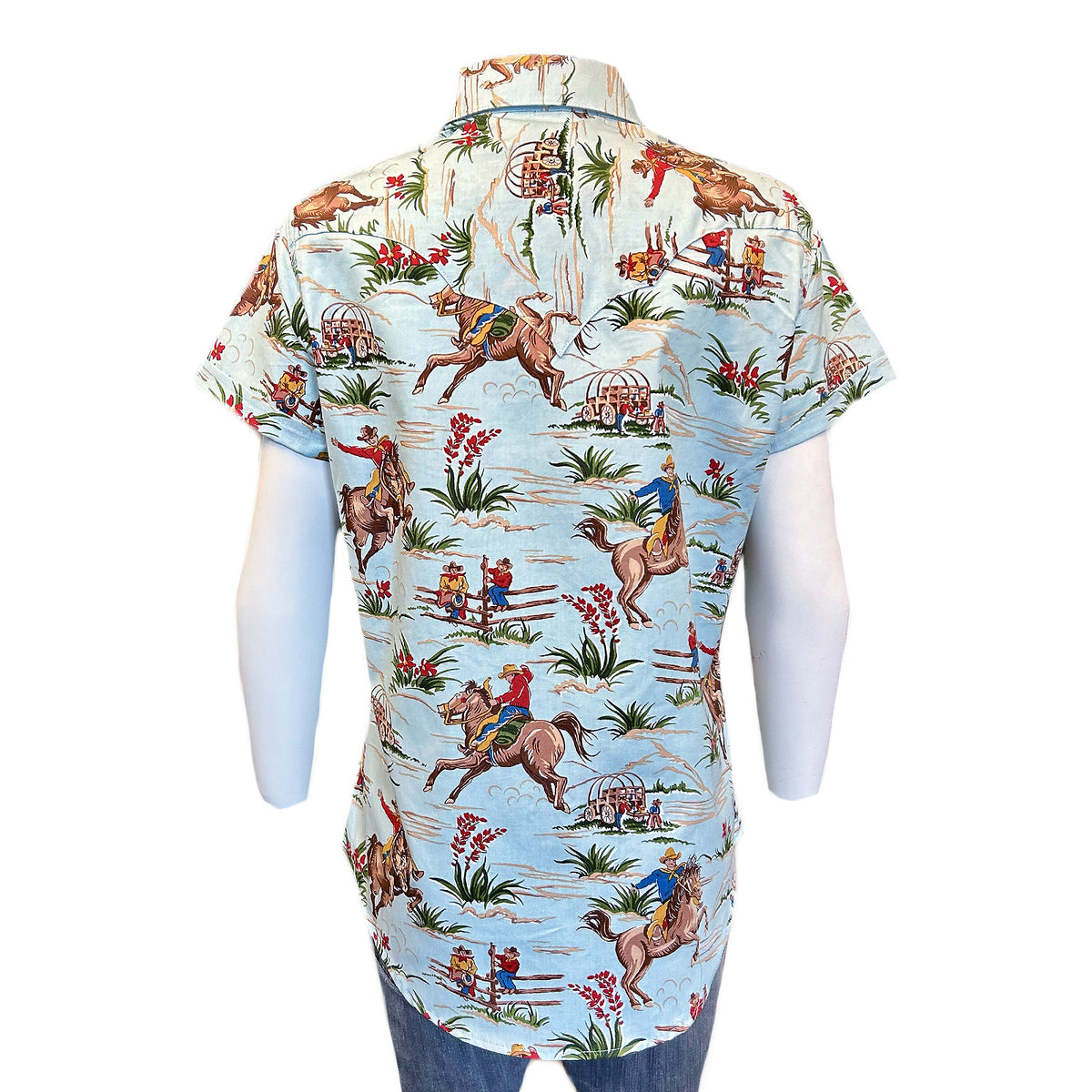 Women's Vintage Light Blue Short Sleeve Print Western Shirt by Rockmount Ranch Wear with floral cactus print