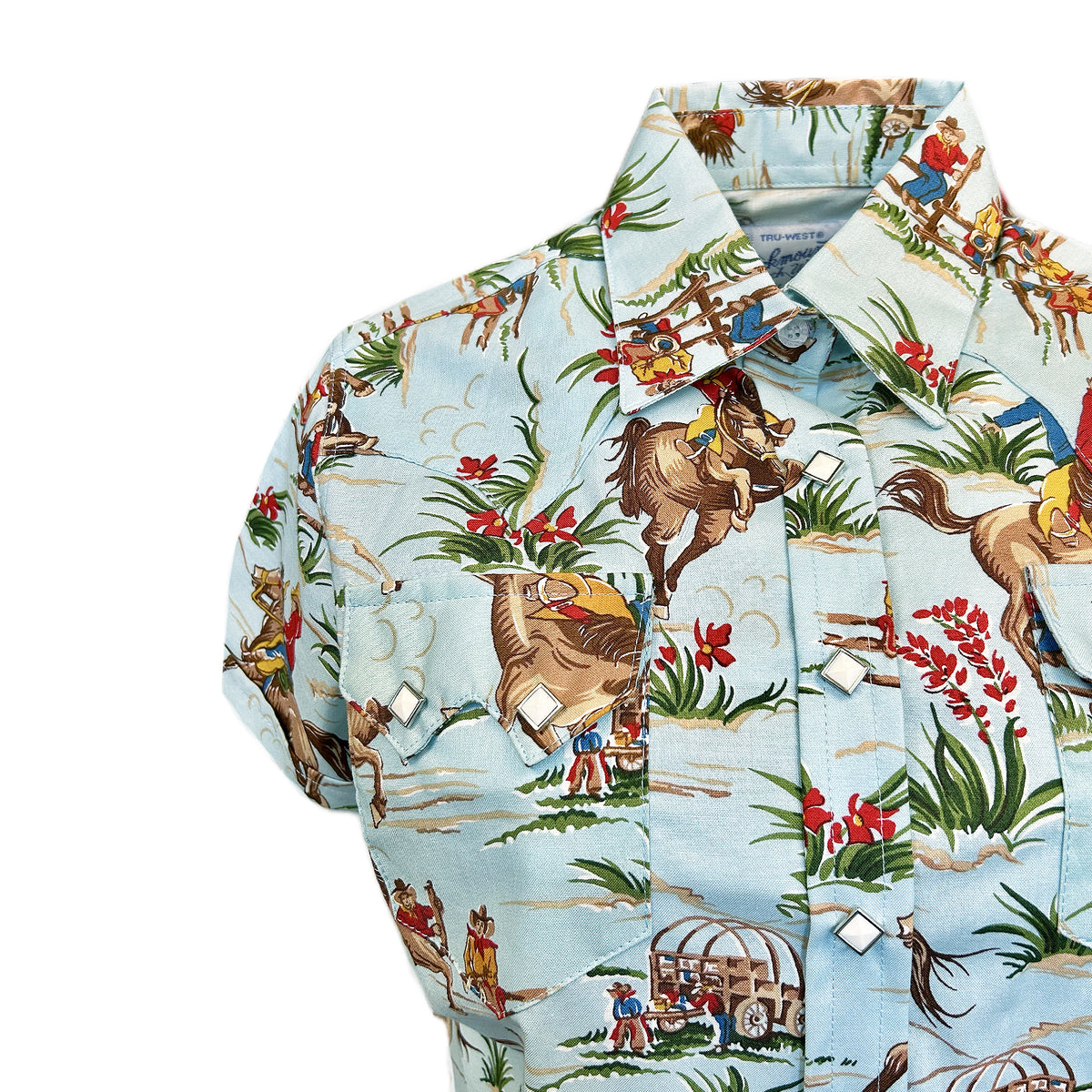 Women's Vintage Light Blue Short Sleeve Print Western Shirt by Rockmount Ranch Wear with floral western shirt print