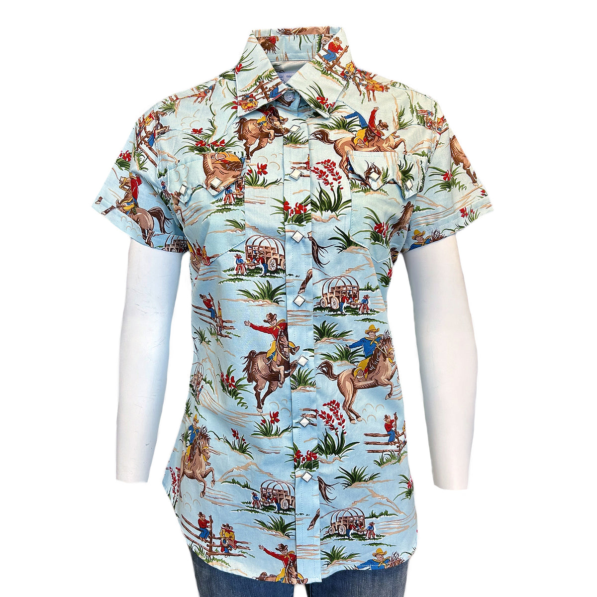 Women's Vintage Light Blue Short Sleeve Print Western Shirt by Rockmount Ranch Wear with vintage western wear