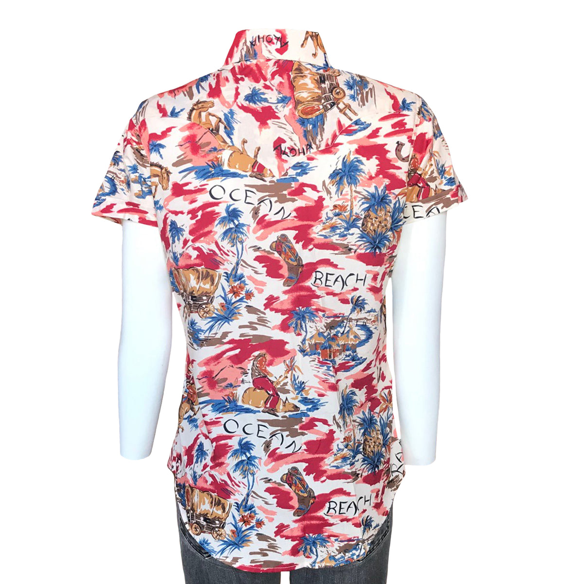 Women's Red Western Hawaiian Print Short Sleeve Shirt by Rockmount Ranch Wear, vintage floral print