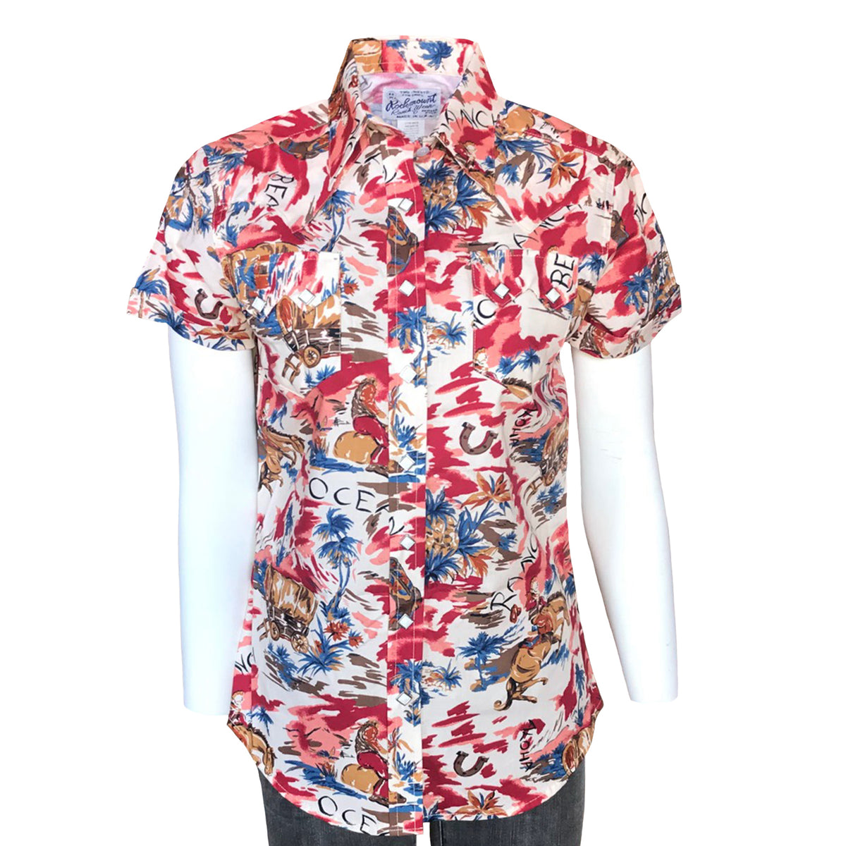 Women's Red Western Hawaiian Print Short Sleeve Shirt by Rockmount Ranch Wear with floral cactus print