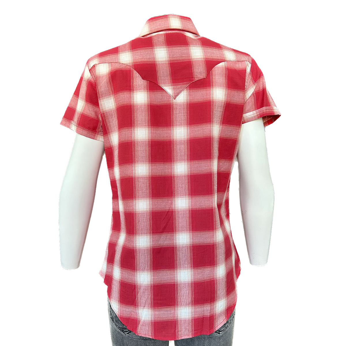 Women's Red Short Sleeve Shadow Plaid Western Shirt by Rockmount Ranch Wear in red and white plaid with sawtooth pockets