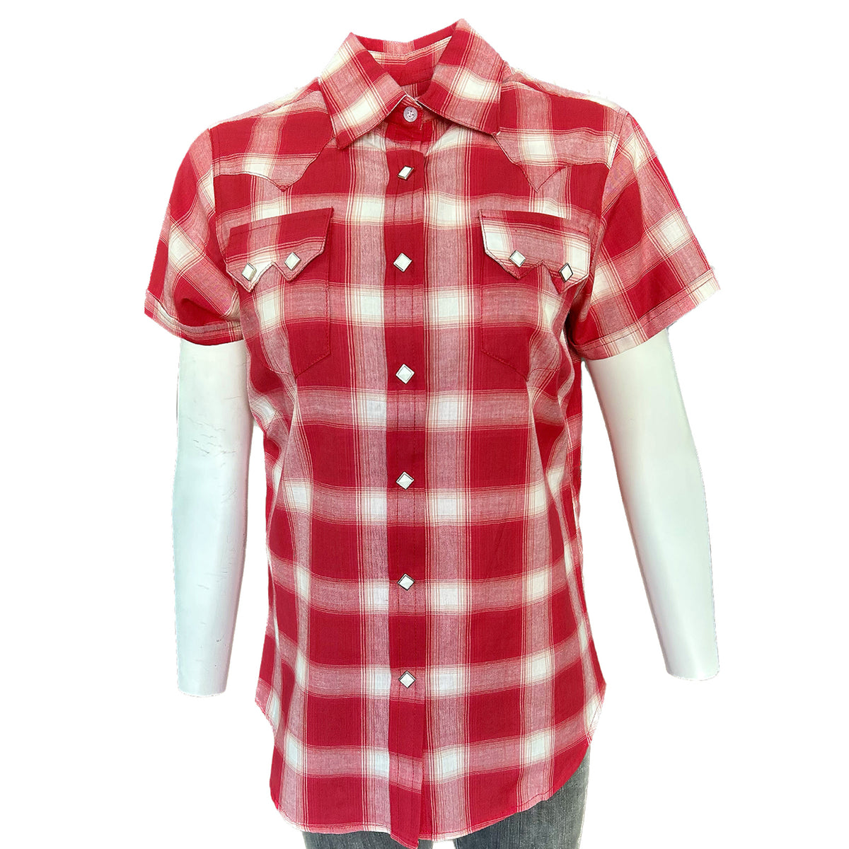Womens Red Short Sleeve Shadow Plaid Western Shirt by Rockmount Ranch Wear with sawtooth pocket and snaps