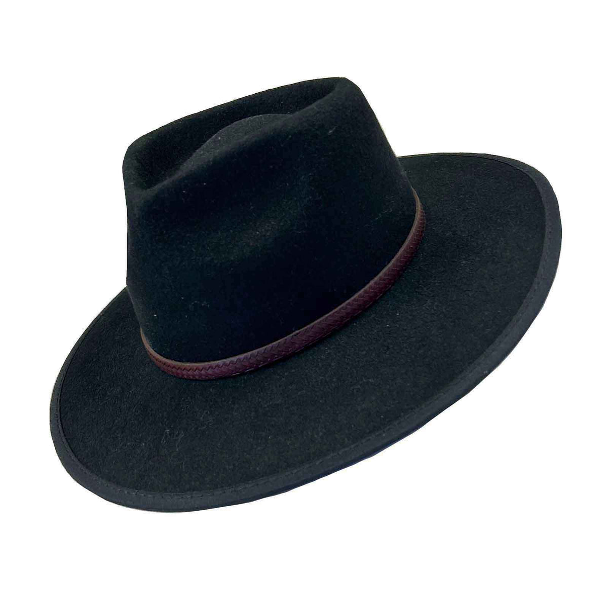 Black Wool Felt Flat Brim Western Hat with Faux Leather Band, Rockmount Ranch Wear, pinch front crown