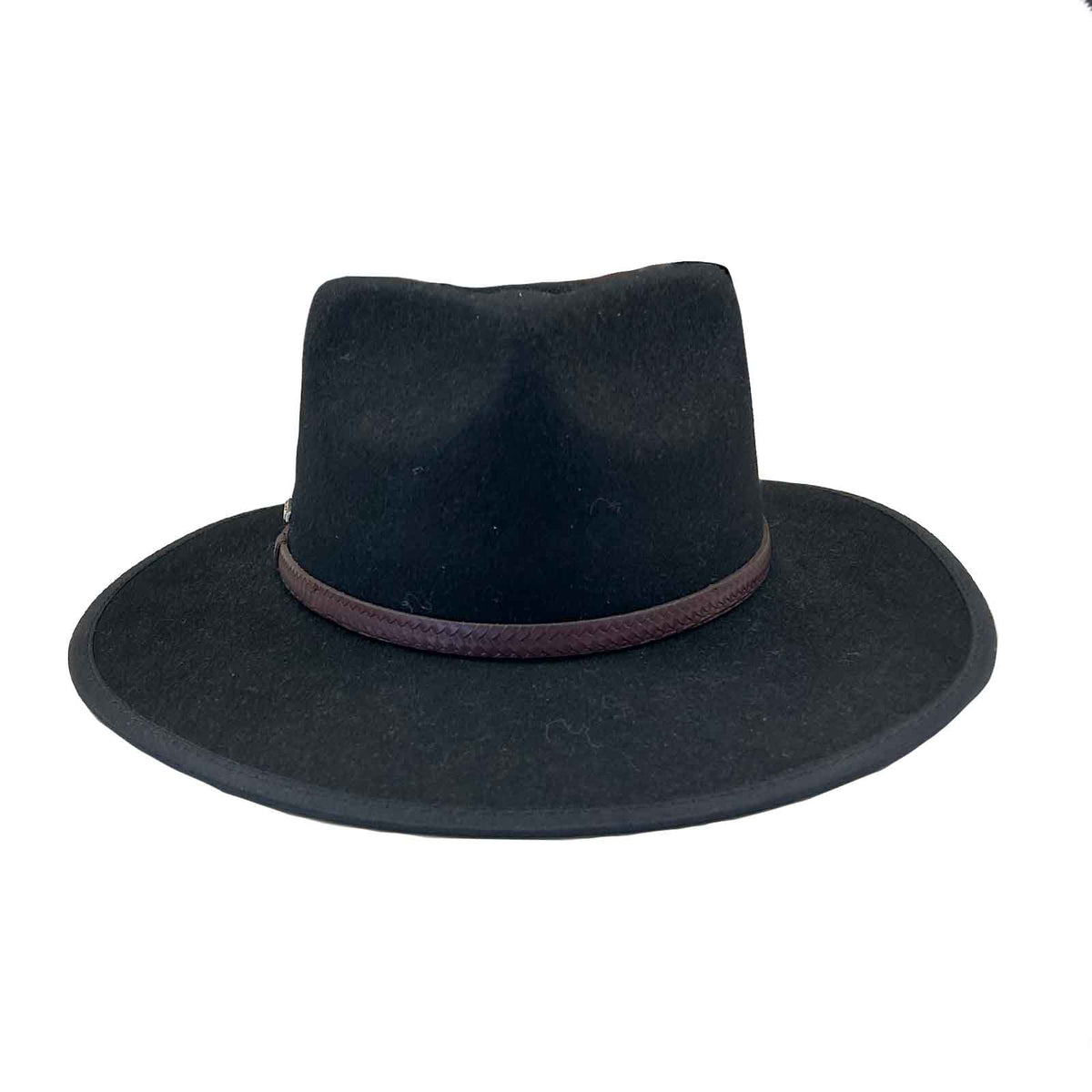 Black Wool Felt Flat Brim Western Hat with Faux Leather Band, Rockmount Ranch Wear, 3 inch brim
