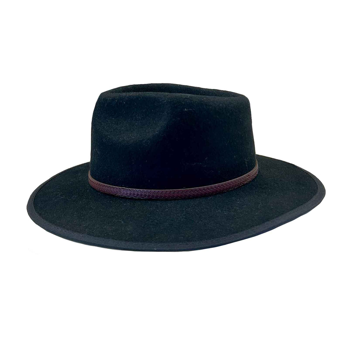 Black Wool Felt Flat Brim Western Hat by Rockmount Ranch Wear with faux leather styled hatband