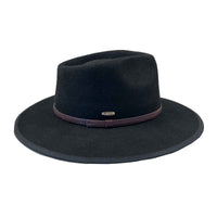 Black wool felt flat brim western hat by Rockmount Ranch Wear with faux leather styled hatband, size M