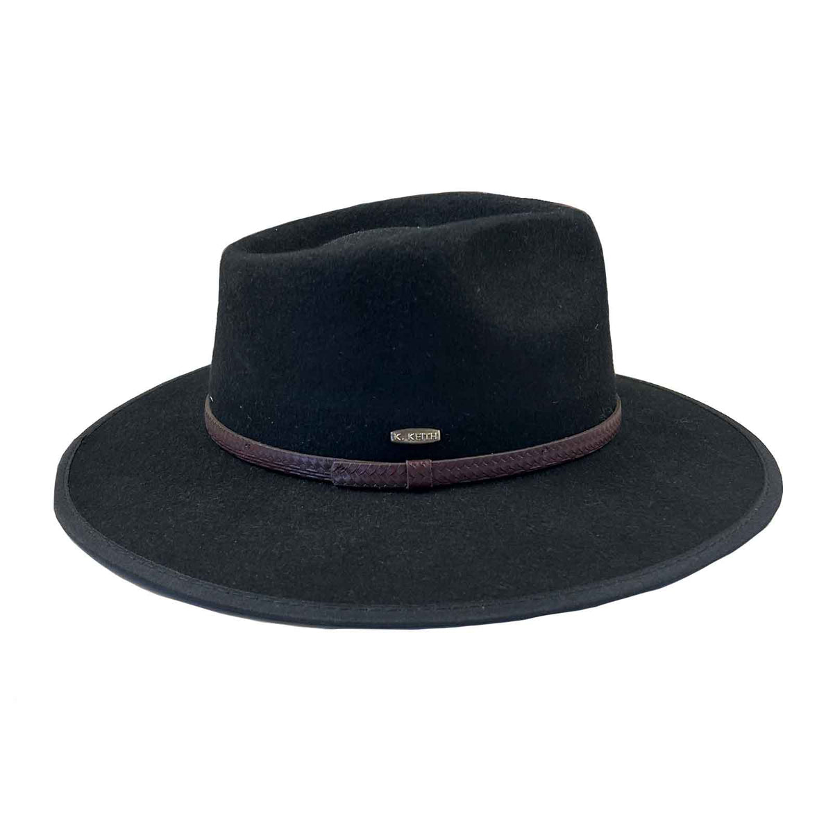 Black wool felt flat brim western hat by Rockmount Ranch Wear with faux leather styled hatband, size M