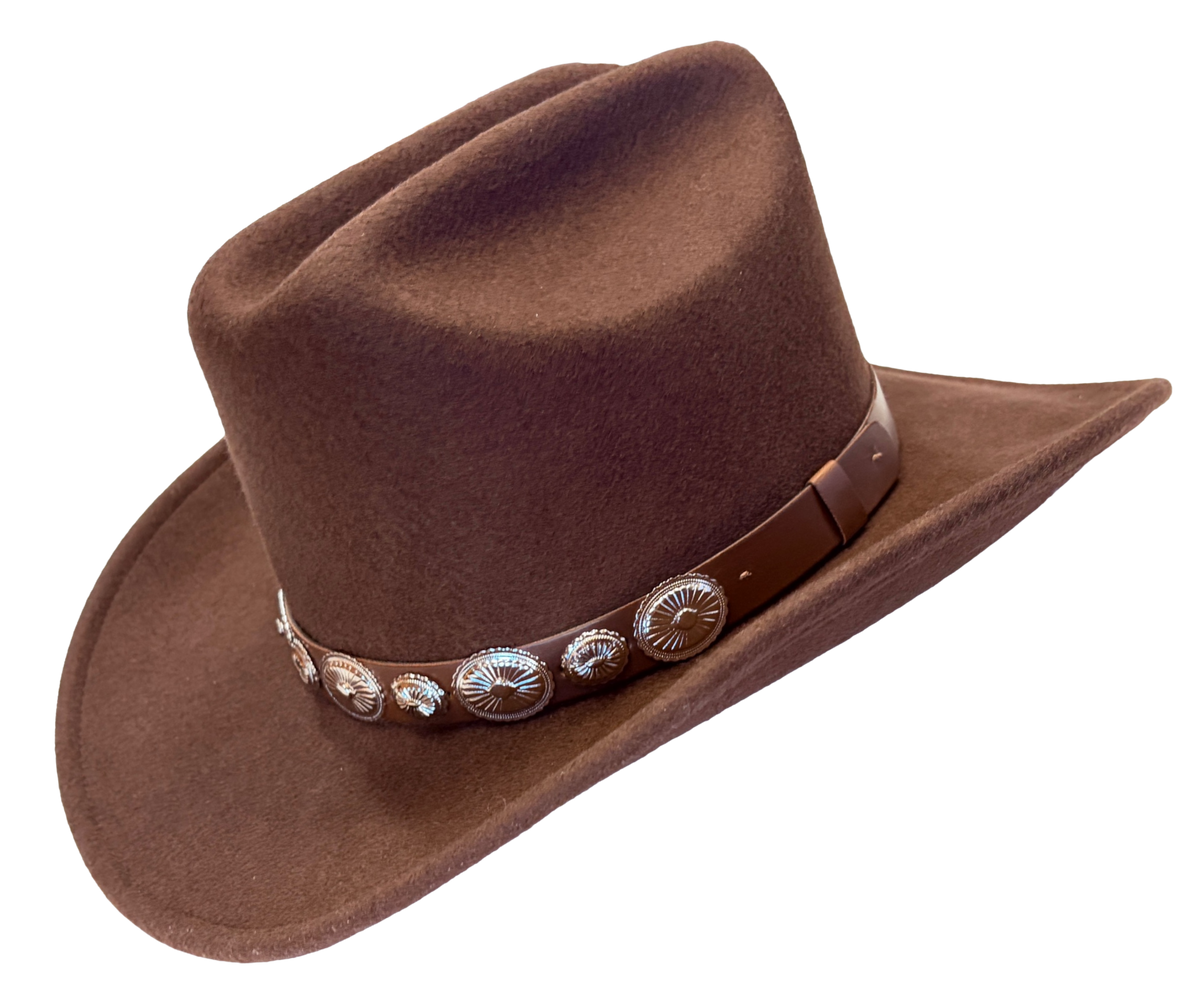 Crushable Brown Felt Concho Western Hat by Rockmount Ranch Wear with conchos band detail and cattleman crease
