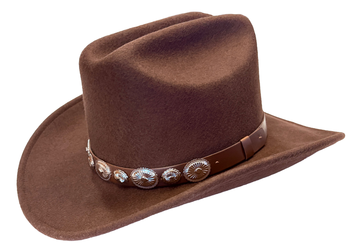 Crushable Brown Felt Concho Western Hat by Rockmount Ranch Wear with conchos band and cattleman crease