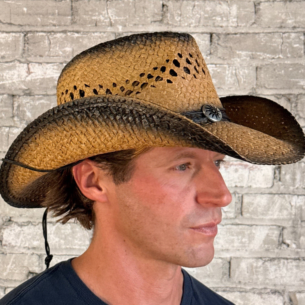 Raffia Straw 2-Tone Front Pinch Crease Western Hat by Rockmount Ranch Wear with concho band