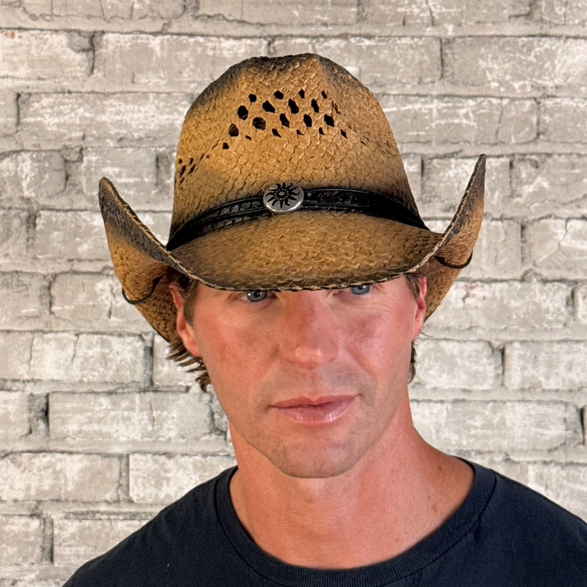 Raffia Straw 2-Tone Front Pinch Crease Western Hat by Rockmount Ranch Wear with concho band, vented raffia straw