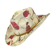 Floral Red and Green Print Straw Western Hat by Rockmount Ranch Wear, vintage fringe floral cactus design