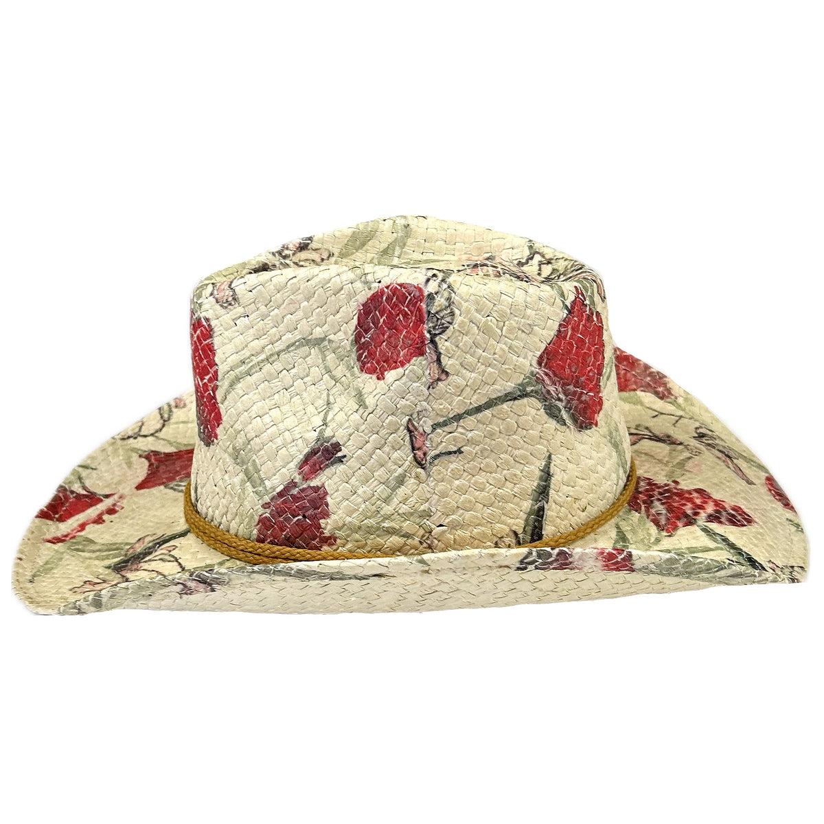 Floral Red and Green Print Straw Western Hat by Rockmount Ranch Wear, vintage floral cactus stitched