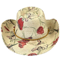 Floral Red and Green Print Straw Western Hat by Rockmount Ranch Wear with pinch crease