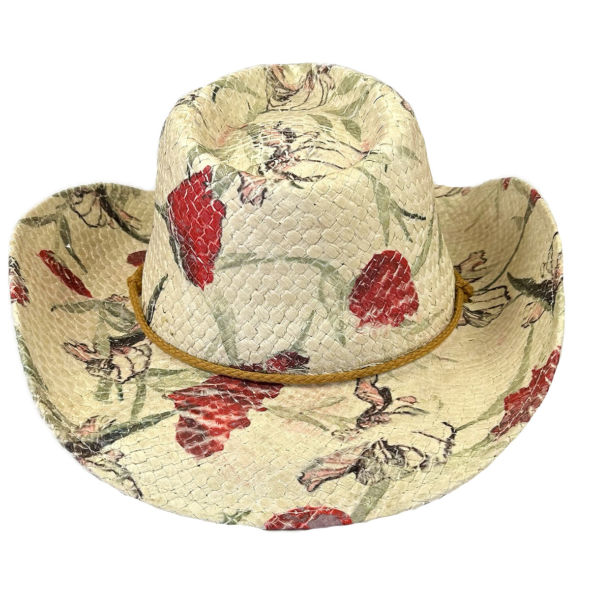 Floral Red and Green Print Straw Western Hat by Rockmount Ranch Wear with pinch crease