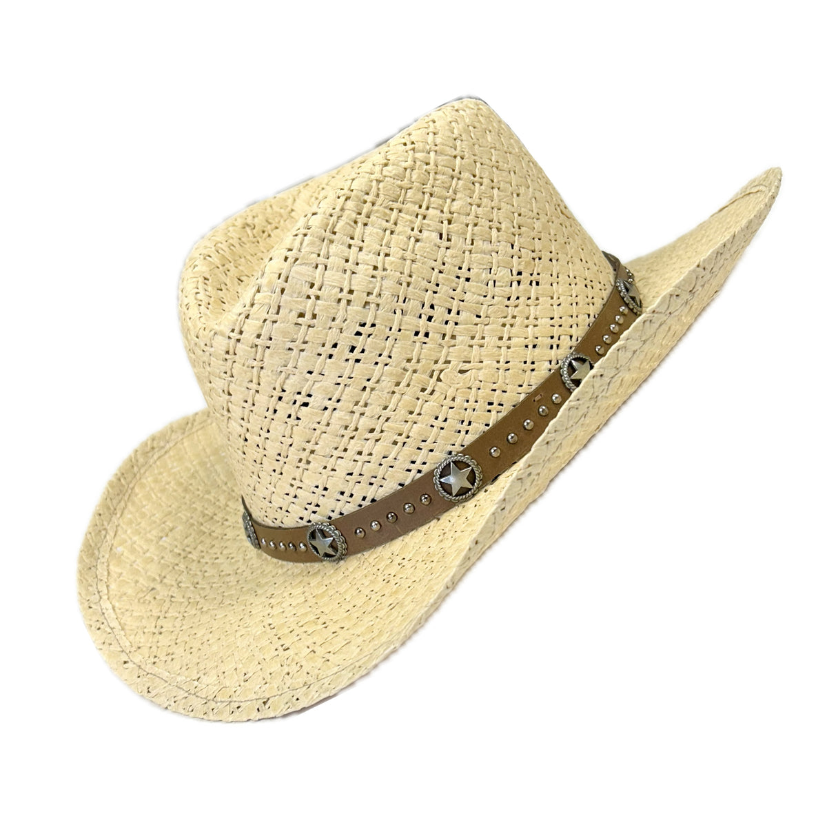 Straw Cowboy Hat with Brown with Stars and Studs by Rockmount Ranch Wear, 2-cord band, vintage look