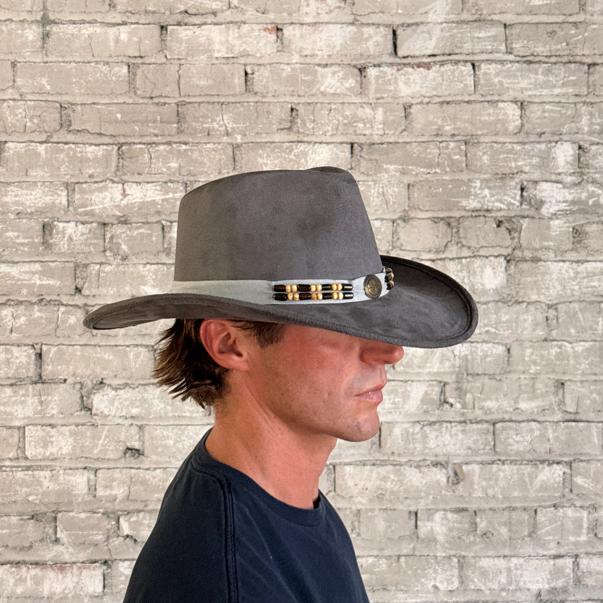 Suede Canyon Western Hat in gray by Rockmount Ranch Wear, classic pinch crease crown with conchos and embroidery