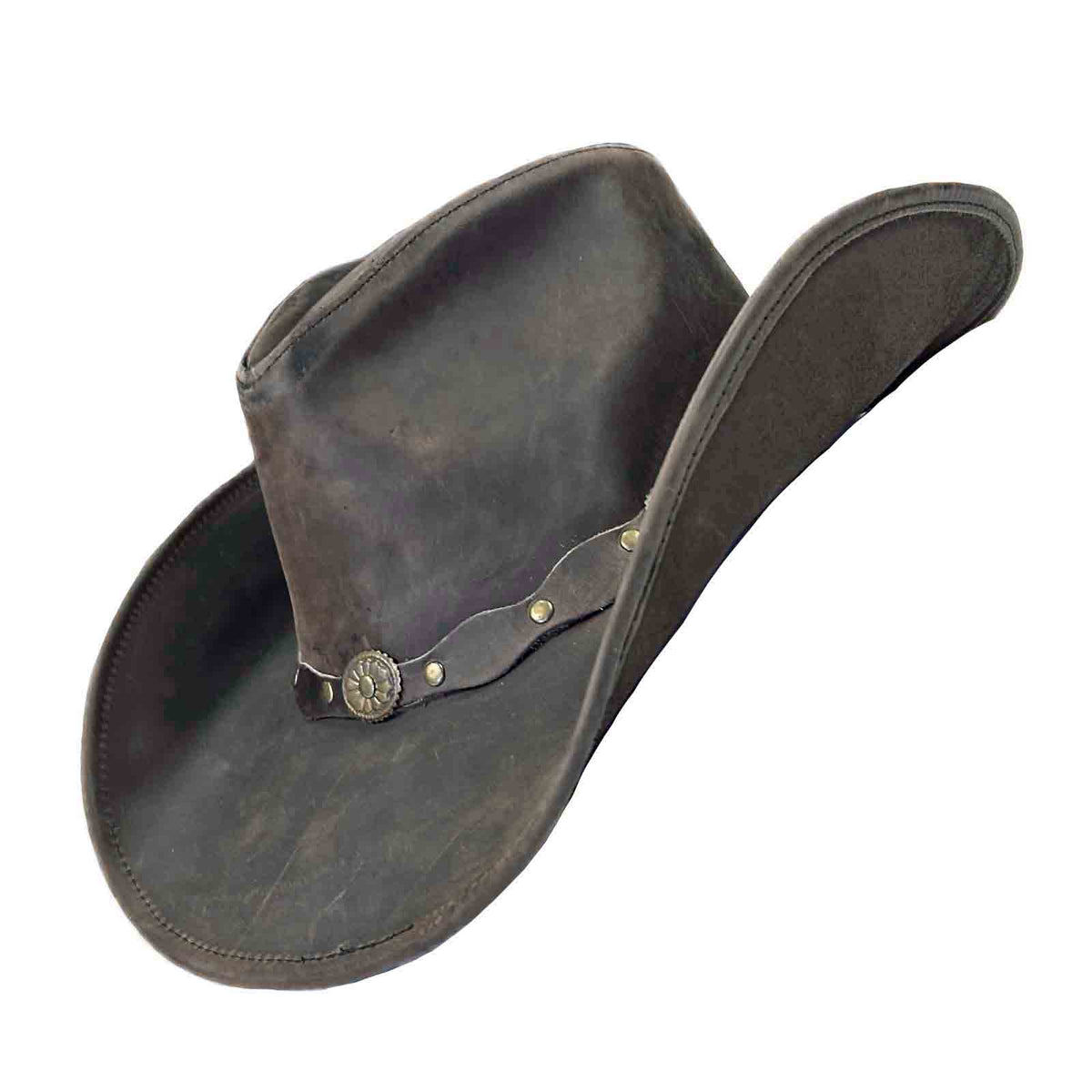 Brown Leather Western Hat with Studded Concho Hatband by Rockmount Ranch Wear, distressed finish leather