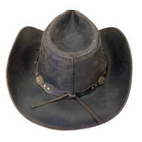 Brown Leather Western Hat with Studded Concho Hatband by Rockmount Ranch Wear, distressed finish leather