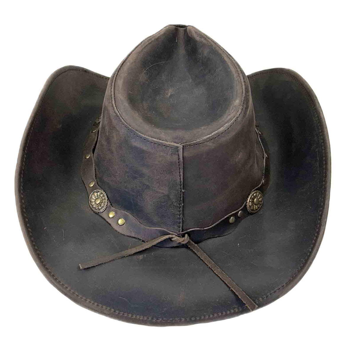 Brown Leather Western Hat with Studded Concho Hatband by Rockmount Ranch Wear, distressed finish leather