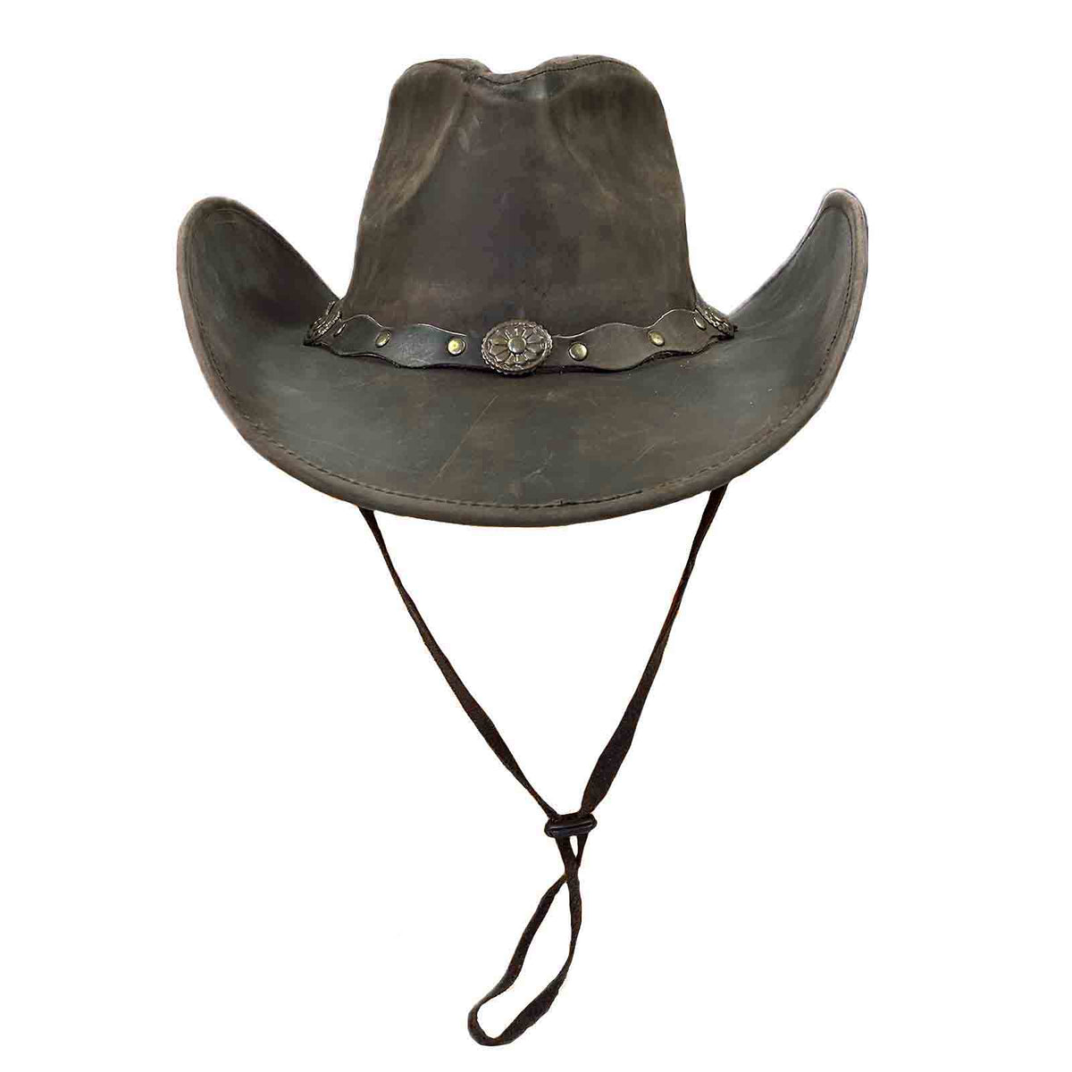 Brown Leather Western Hat with Studded Concho Hatband by Rockmount Ranch Wear, distressed finish leather