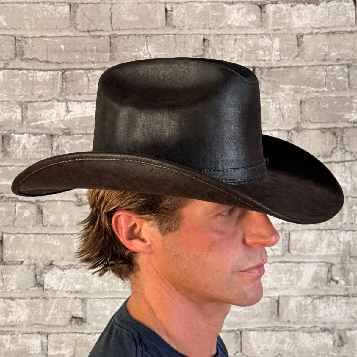 Full Grain Leather Hat in Cattleman Brown by Rockmount Ranch Wear, close up of the brim and crown