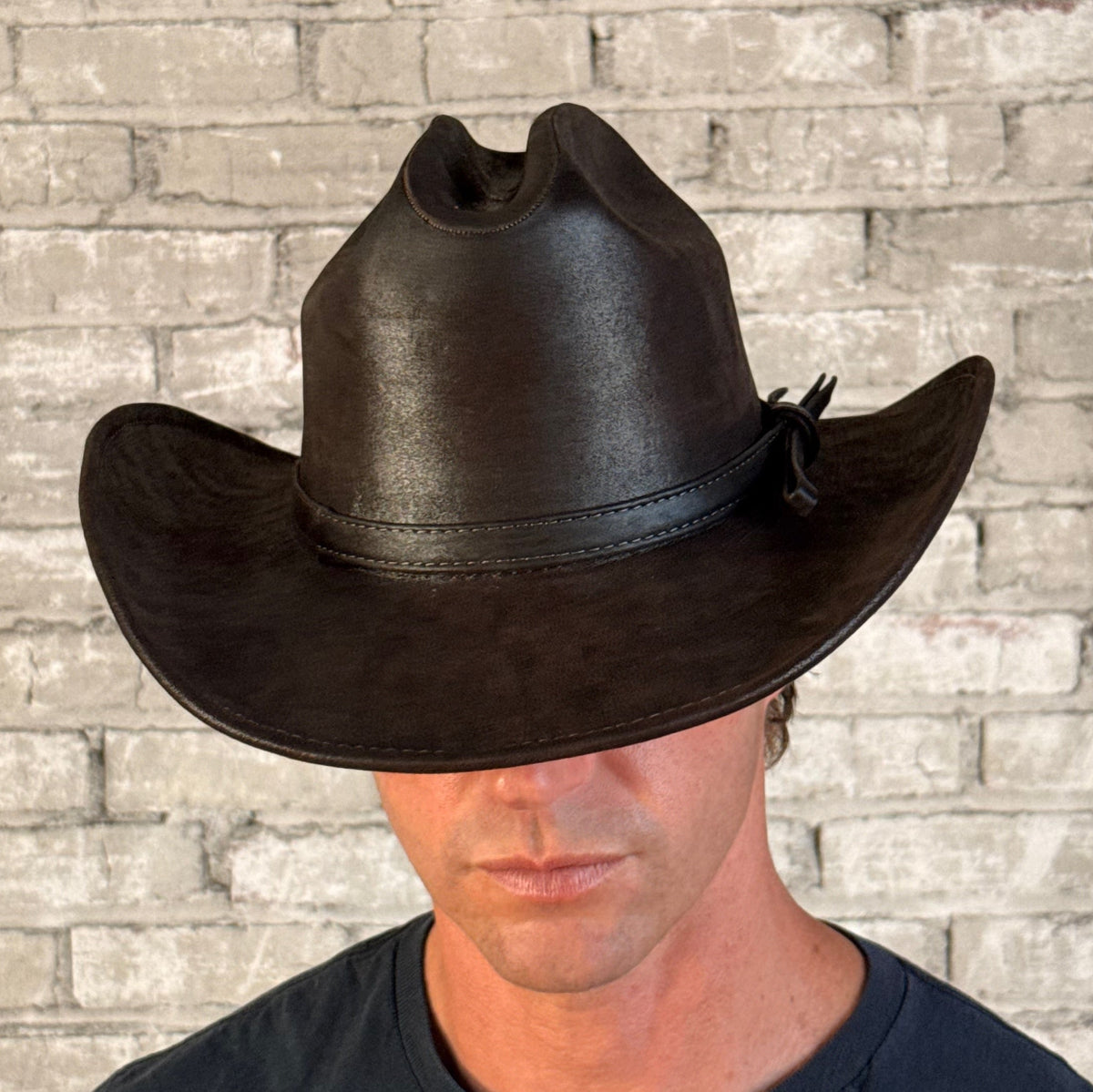 Full Grain Leather Hat in Cattleman Brown by Rockmount Ranch Wear, vintage leather with stitched brim