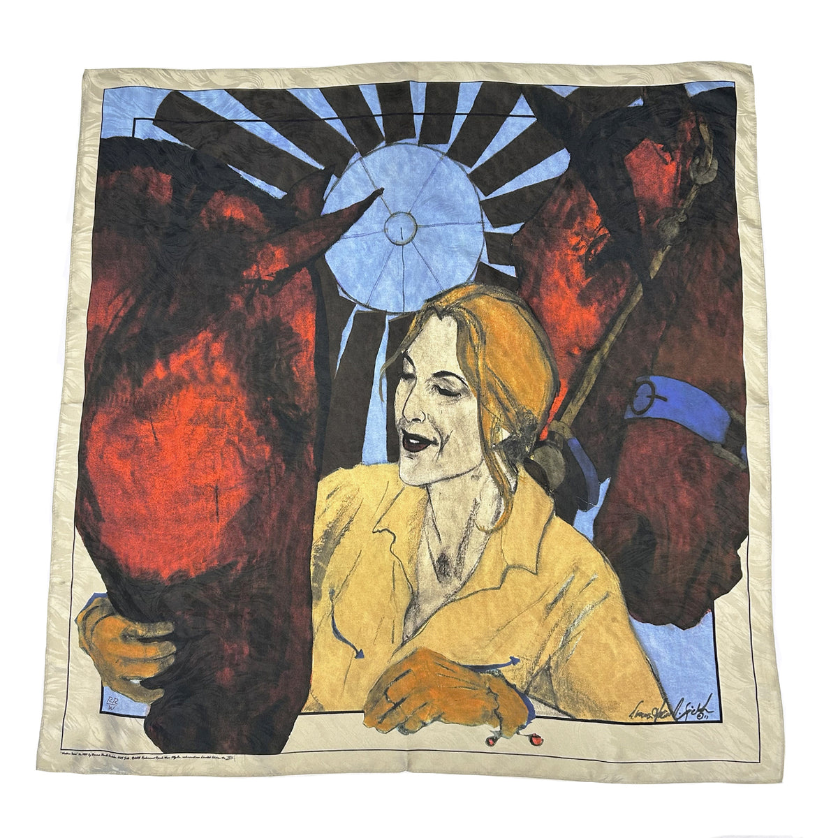 Limited-Edition Western Icons Silk Scarf by Donna Howell-Sickles, Rockmount Ranch Wear, 36 inch silk scarf with hand-sewn hem