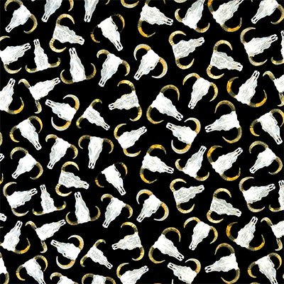Steer Skull Western Cotton Bandana in Black by Rockmount Ranch Wear with steer skull print, 22 x 22 inch