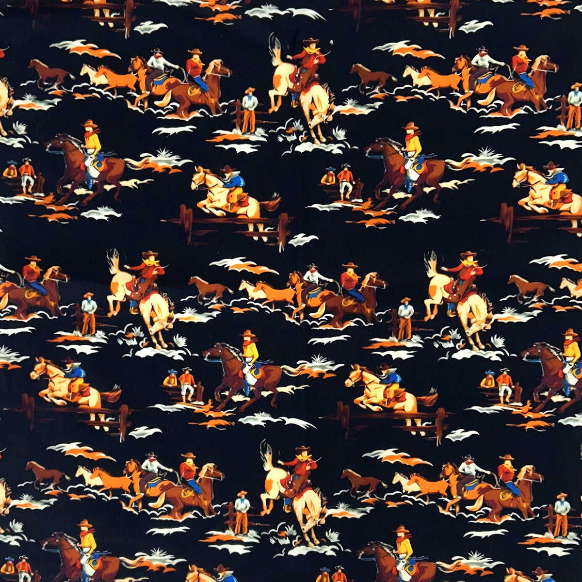 Rockmount Horses and Riders Western Cotton Bandana in black by Rockmount Ranch Wear, 19.5 inch square