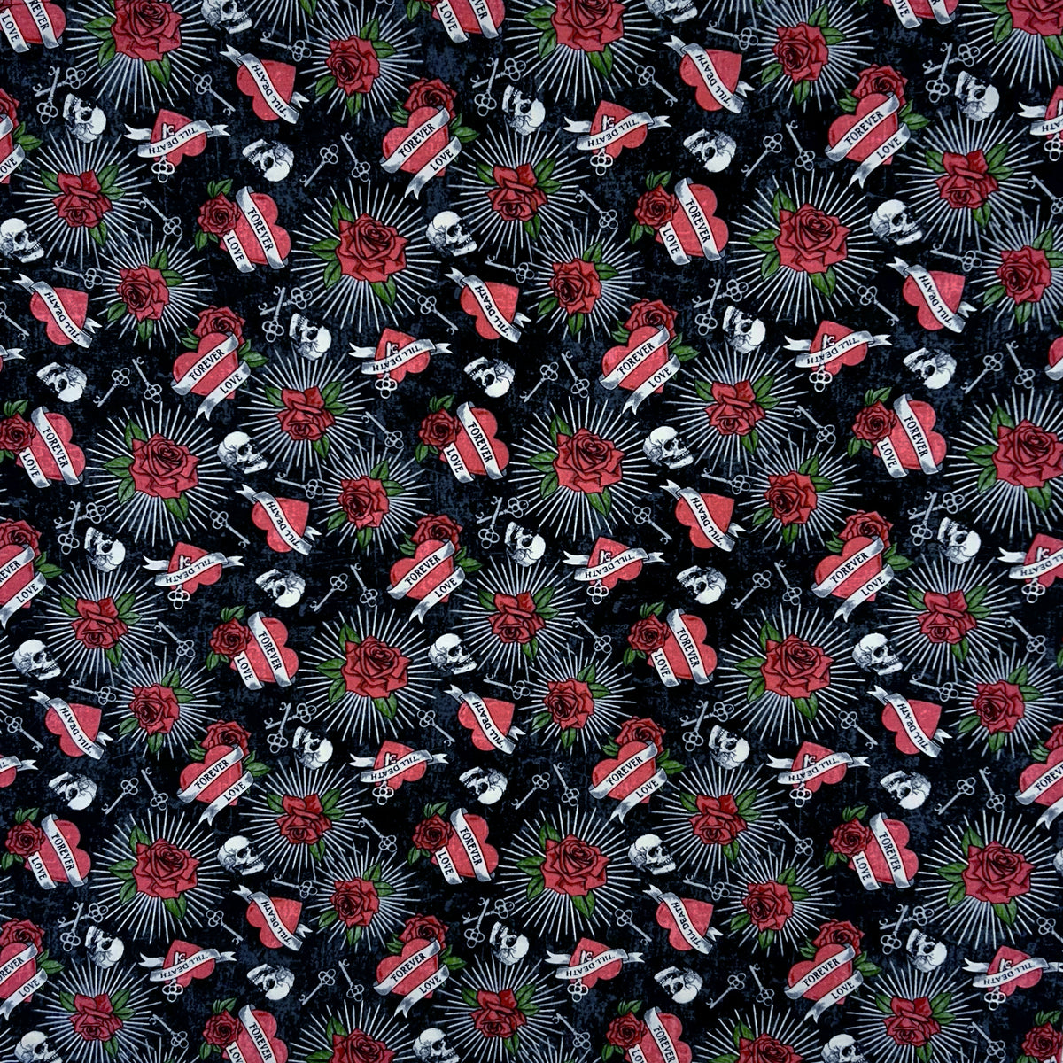 Cowboy Skulls and Hearts Western Cotton Bandana in black by Rockmount Ranch Wear, skull and hearts motif