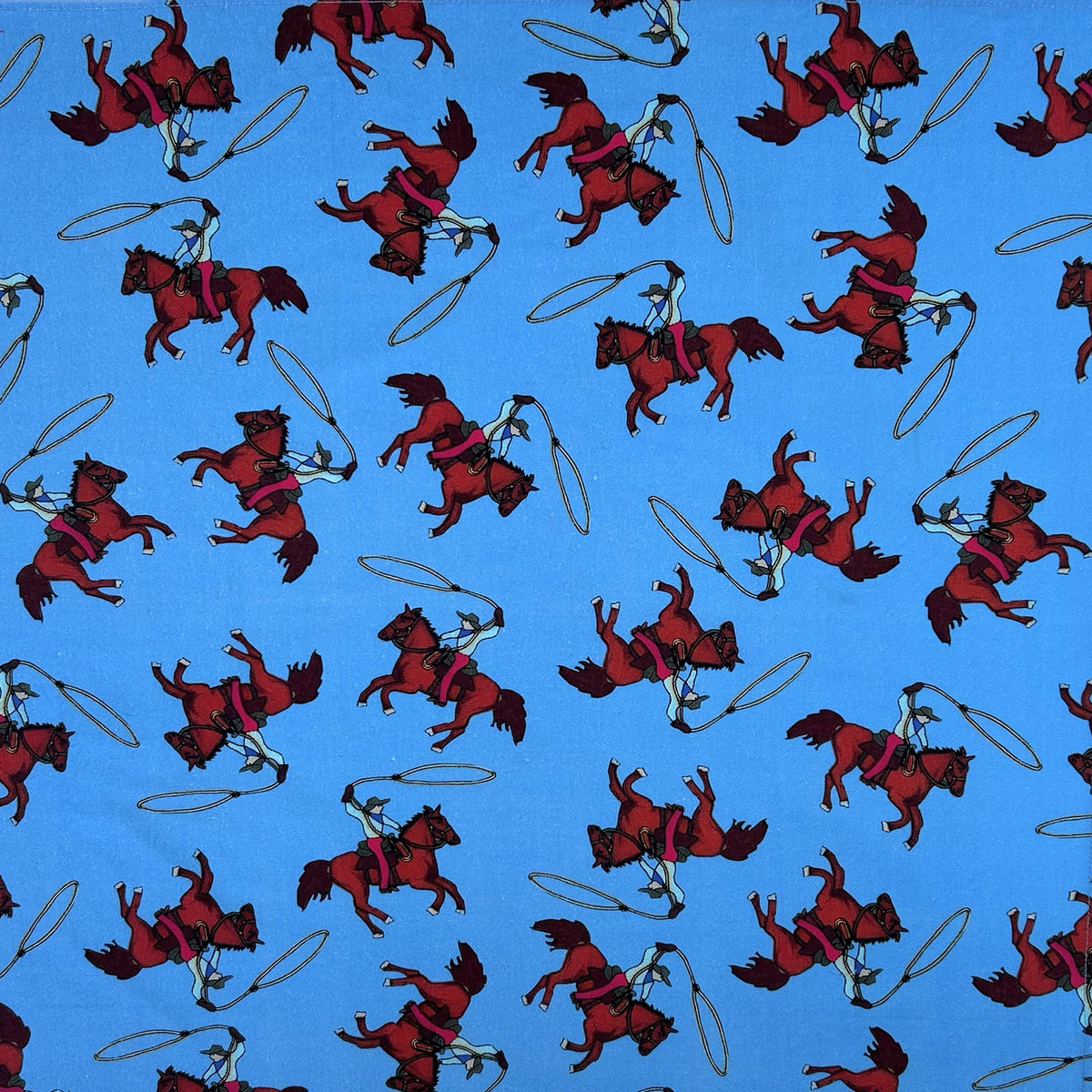 Blue Ropers Western Cotton Bandana by Rockmount Ranch Wear with vintage cowboy print, 19.5 inch square