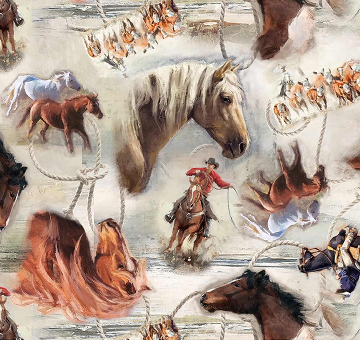 Rockmount Ranch Wear Riders and Horses Western Cotton Bandana in brown and white, 22 by 22 inch square