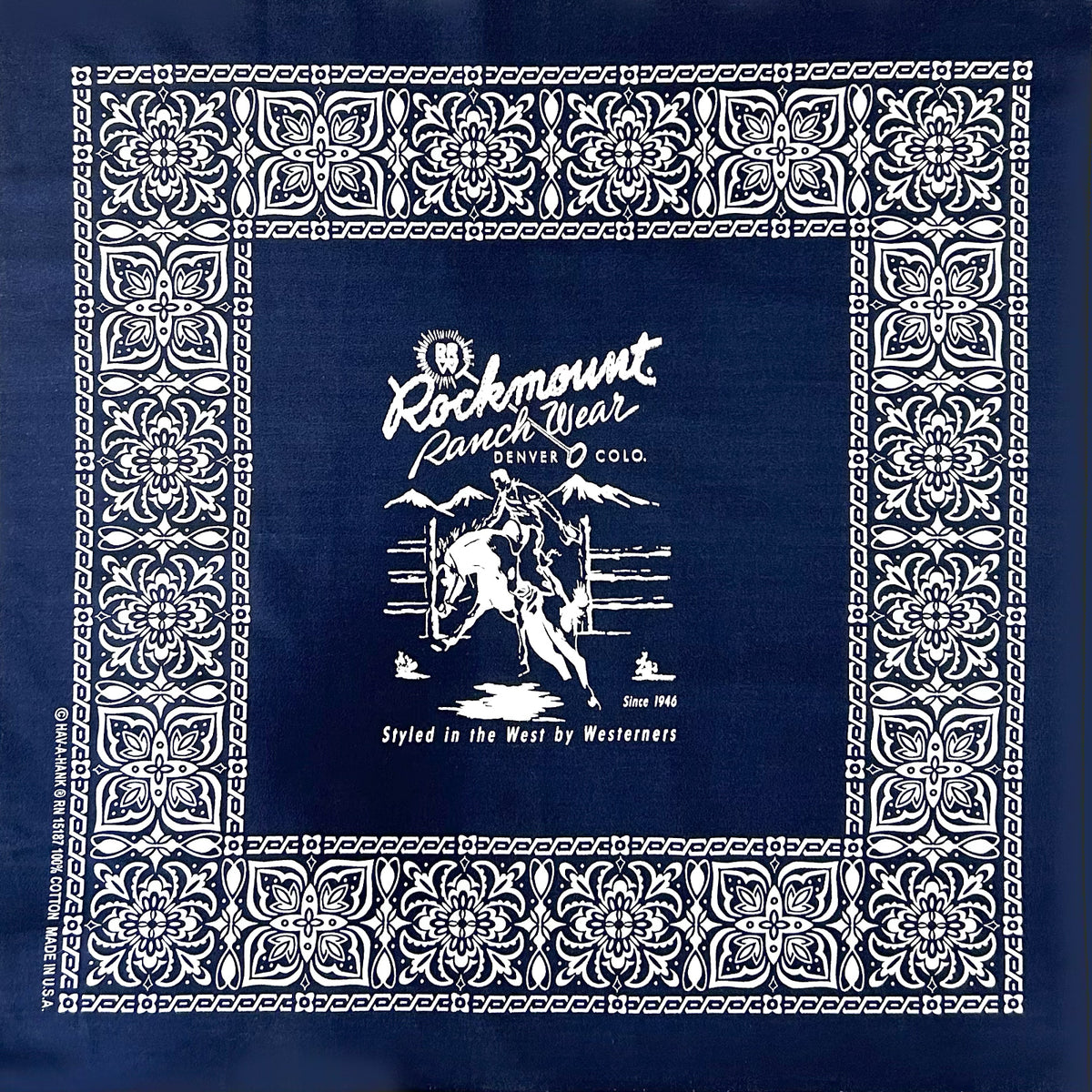 Rockmount Bronc Western Cotton Bandana in navy with vintage floral print and white border, Made in USA