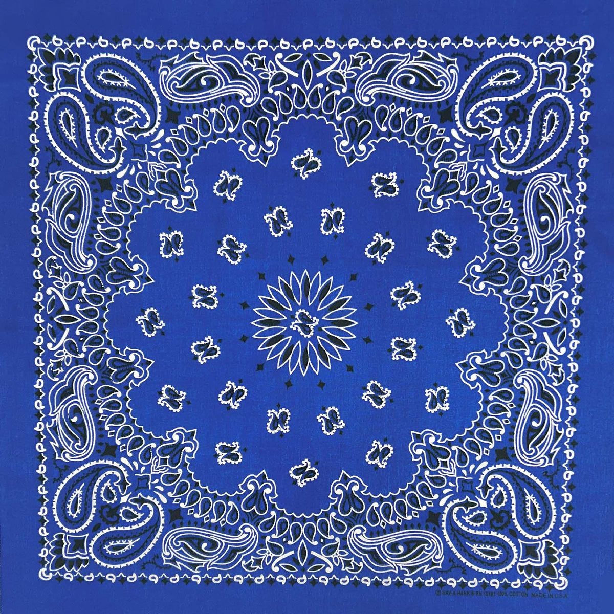 Paisley Western Cotton Bandana in Royal Blue by Rockmount Ranch Wear, vintage floral fringe design