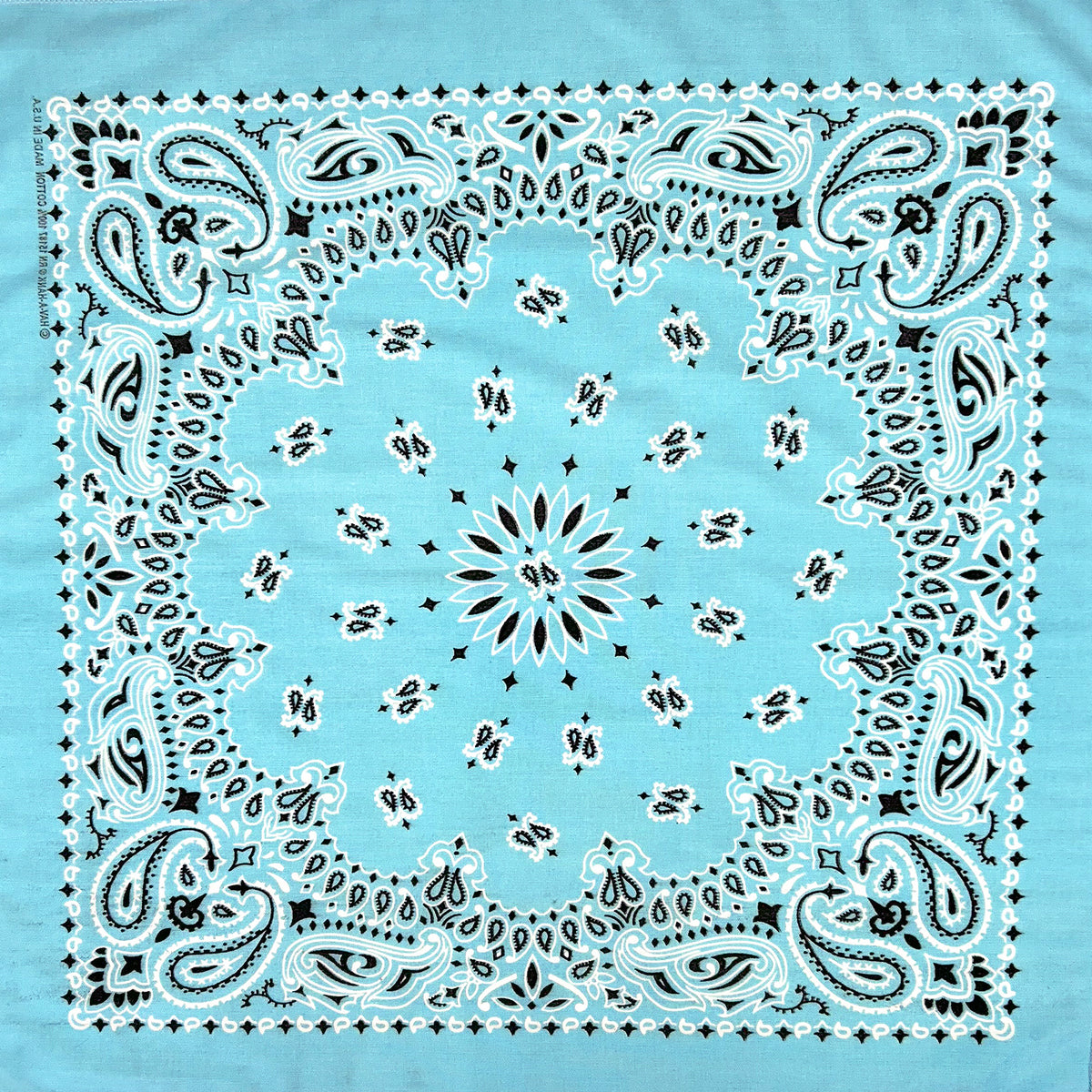 Paisley Western Cotton Bandana in Light Blue by Rockmount Ranch Wear with vintage floral fringe border