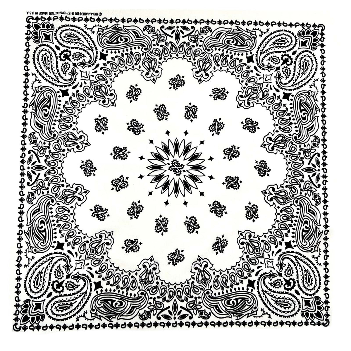 Paisley Western Cotton Bandana in White by Rockmount Ranch Wear with vintage floral fringe border