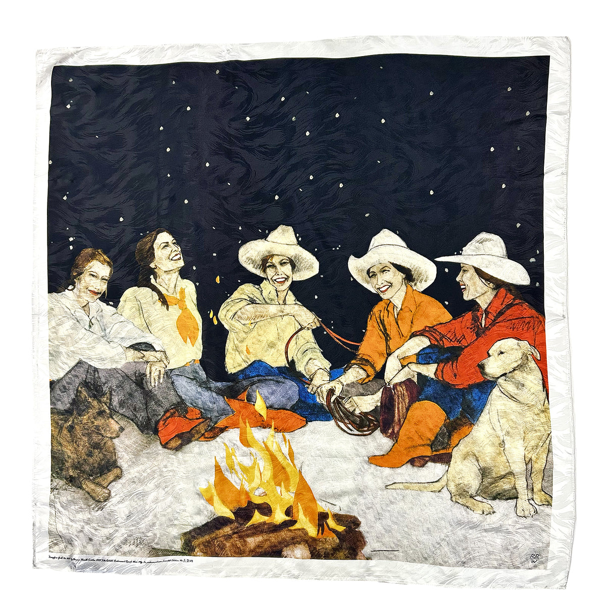 Limited-Edition Campfire Girls Silk Scarf by Donna Howell-Sickles, Rockmount Ranch Wear vintage 36 inch square silk scarf