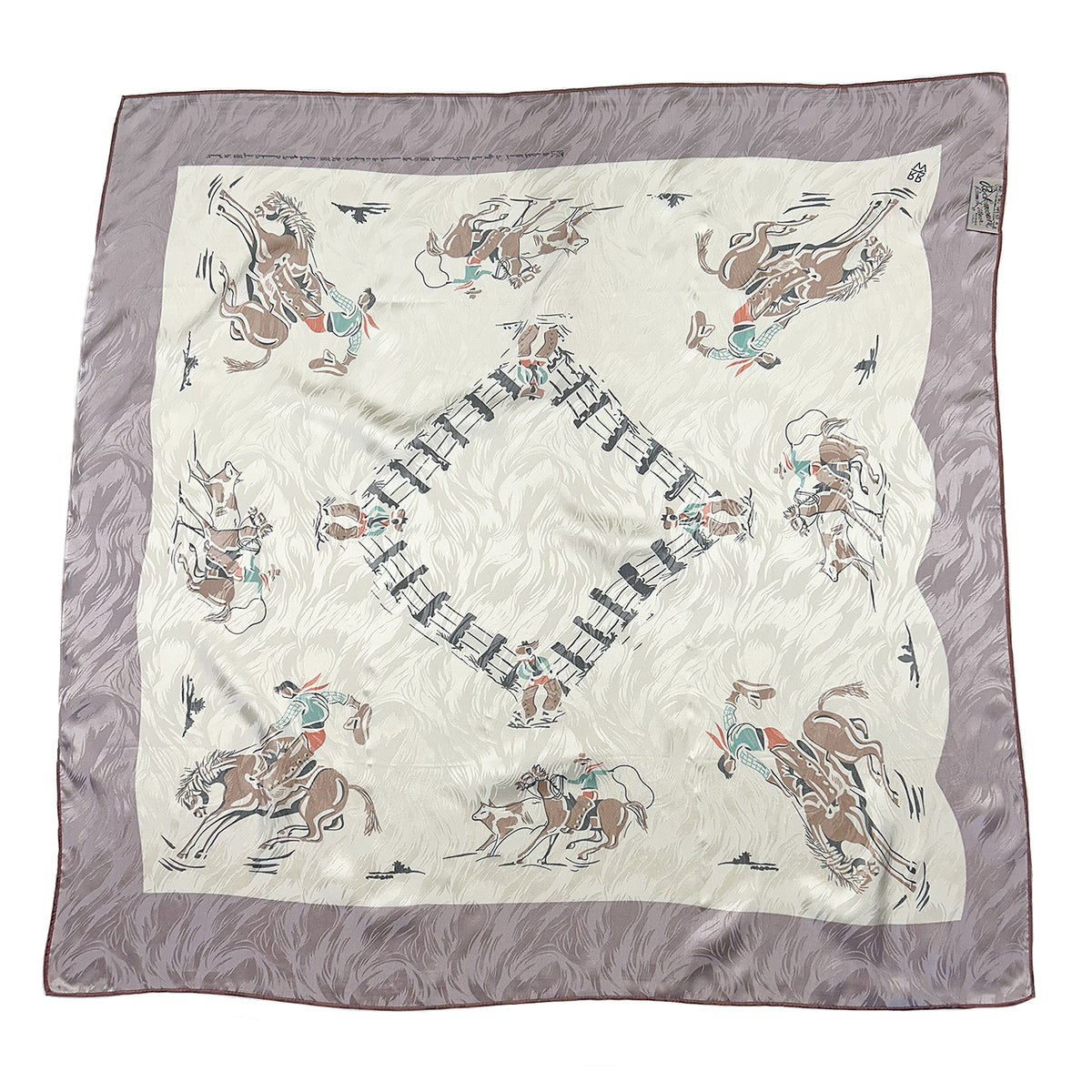Vintage Cowboy Corral Western Silk Scarf by Rockmount Ranch Wear, silk jacquard wild rag with cowboy print