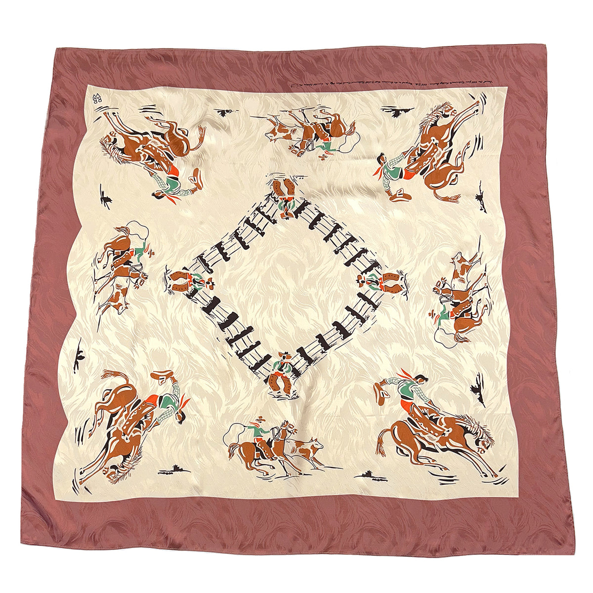 Vintage Cowboy Corral Western Silk Scarf by Rockmount Ranch Wear in silk jacquard with western wild rag print