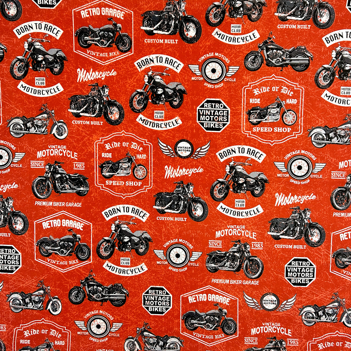 Vintage Motorcycles Ride or Die Western Cotton Bandana by Rockmount Ranch Wear in red with vintage motorcycle print