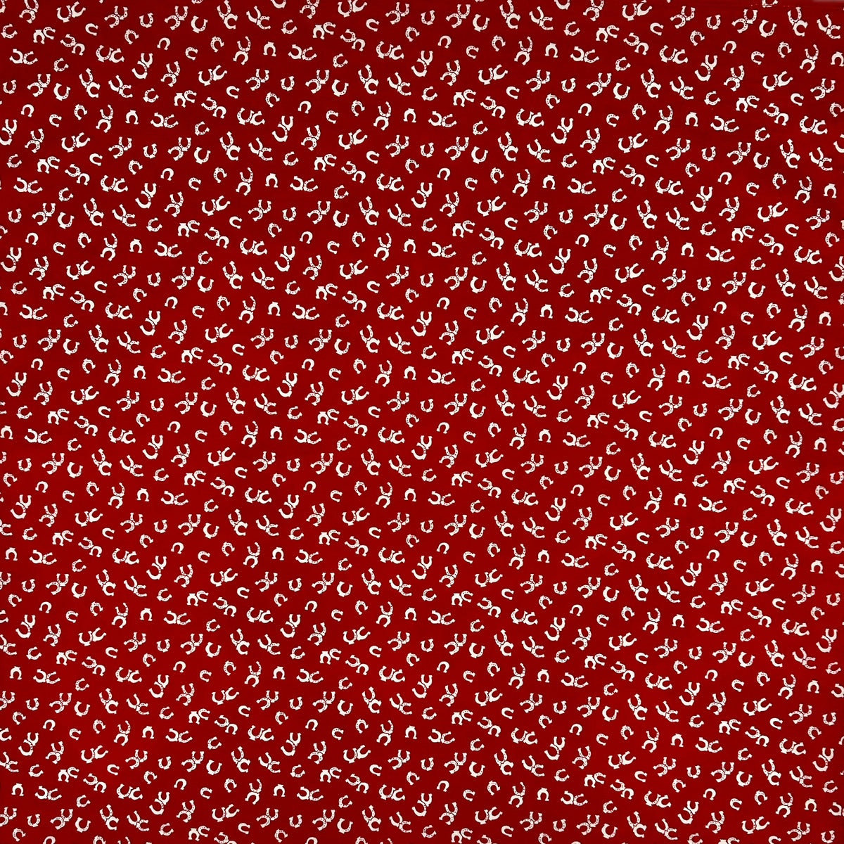 Lucky Horseshoes Western Cotton Bandana in Red by Rockmount Ranch Wear with horseshoe and horses motif