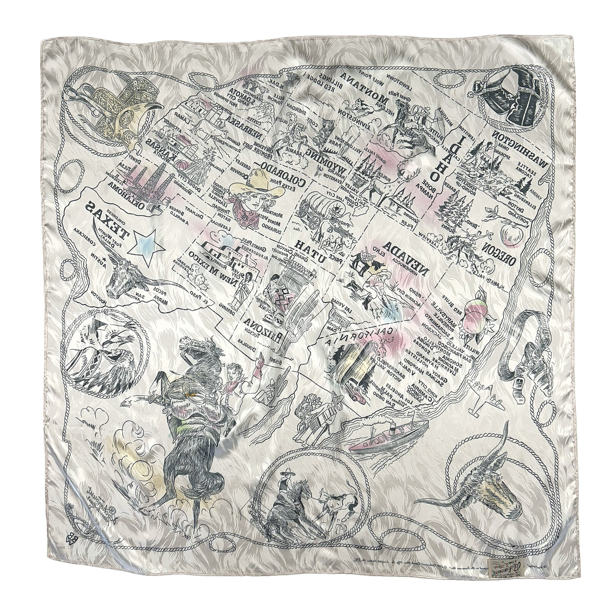 Vintage Western U.S. States Map Silk Scarf by Rockmount Ranch Wear in silver with silk print, 36 inch square