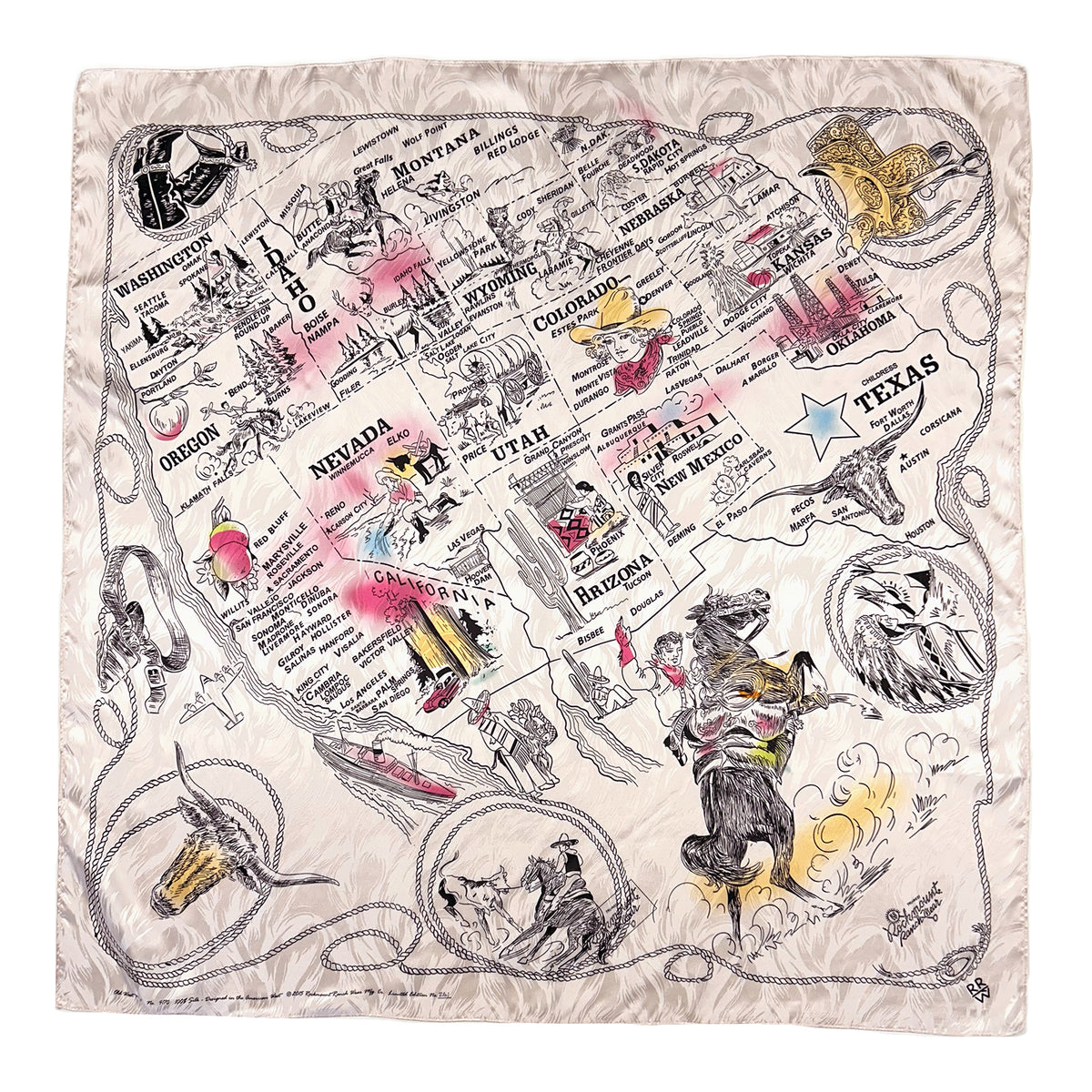 Vintage Western U.S. States Map Silk Scarf by Rockmount Ranch Wear in light beige silk with printed cowboy scenes