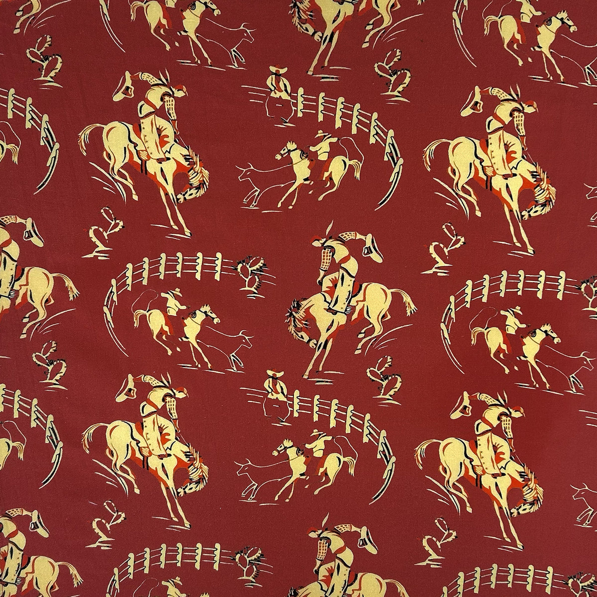 Vintage Rockmount Ranch Wear western cotton bandana in red with embroidered western scenes and fringe border