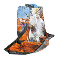 Limited-Edition Branding Day Silk Scarf by Sophy Brown from Rockmount Ranch Wear in blue and orange silk jacquard
