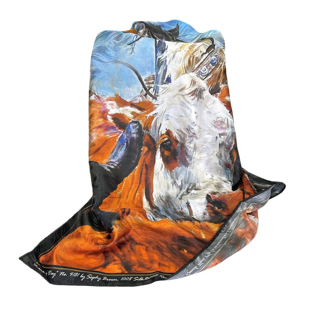Limited-Edition Branding Day Silk Scarf by Sophy Brown from Rockmount Ranch Wear in blue and orange silk jacquard
