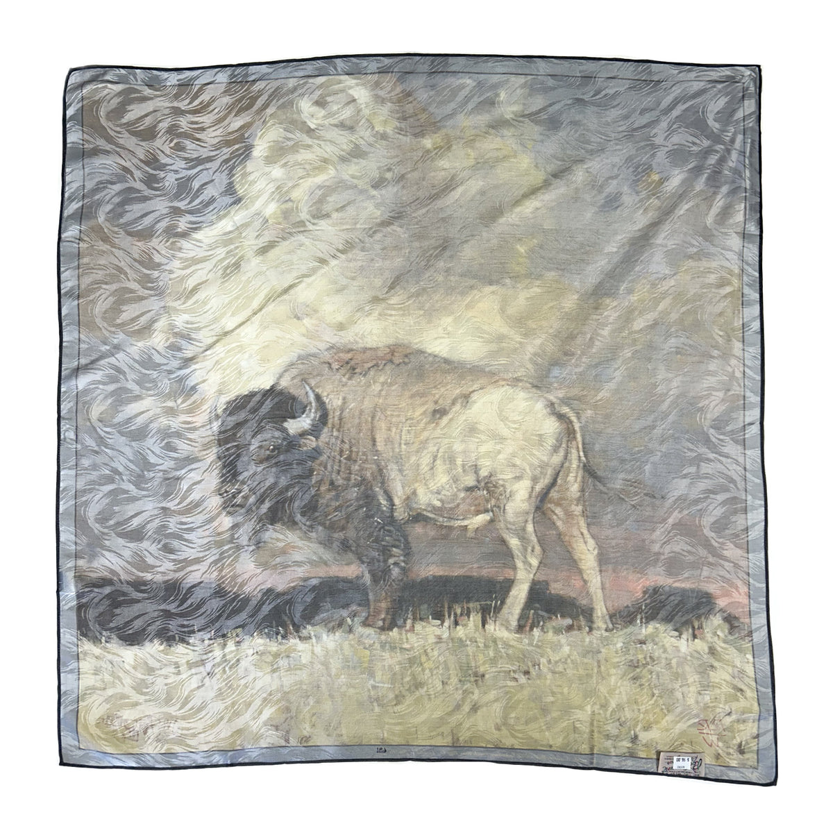 Limited-Edition Nothing But Buffalo and Sky Silk Scarf by Jeff Segler, Rockmount Ranch Wear, 36 inch square silk