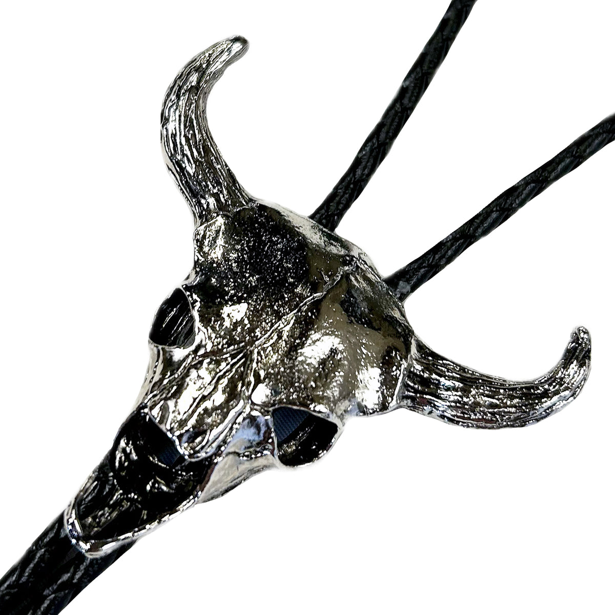 Large Silver Steer Skull Western Western Bolo Tie by Rockmount Ranch Wear with steer skull design and leatherette cord